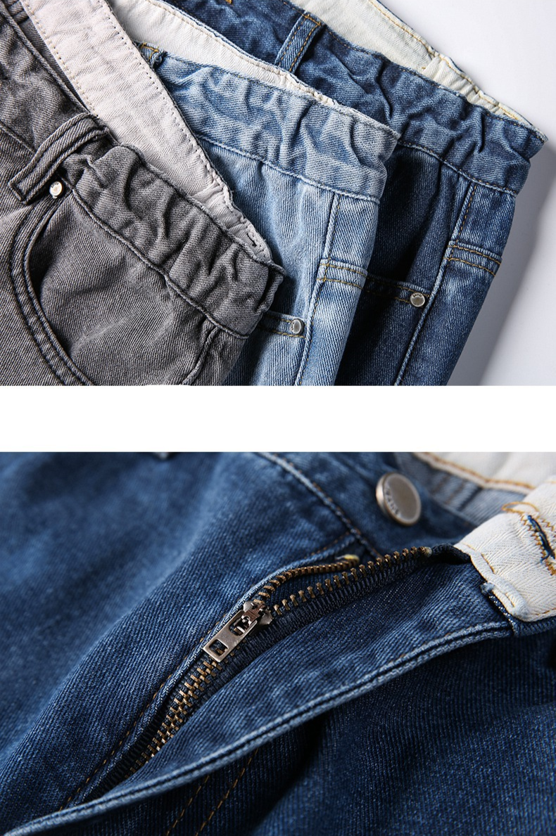 Plus size stretch denim jeans for men fits up to 331 lbs Straight-leg washed jeans for big and tall men Gray and blue elastic waistband denim pants for plus size