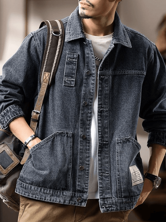  Men's plus size denim utility jacket for big and tall Vintage workwear denim jacket up to 331 lbs Durable spring/autumn outerwear for large men