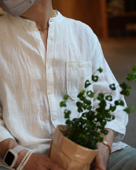 100% linen stand collar summer shirt men 121–209 lbs  Lightweight 3/4 sleeve loose fit shirt in white grey blue  Wrinkle-textured linen casual top for men