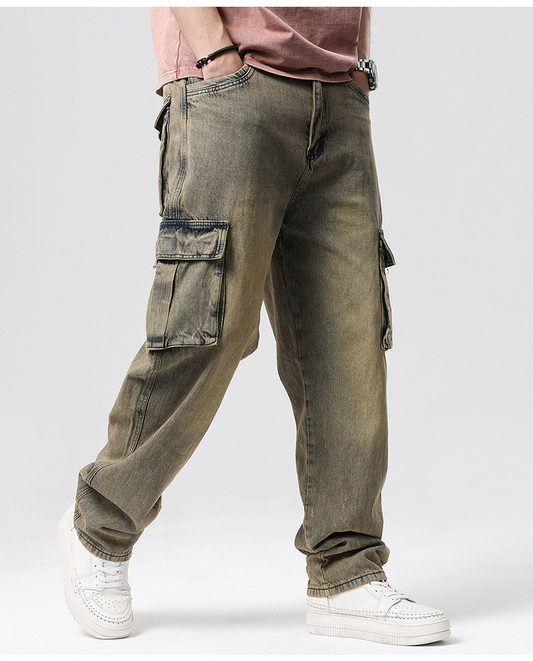  Plus size multi-pocket cargo jeans for men Vintage loose fit skate jeans for big and tall Breathable cotton stretch denim for 121–331 lbs