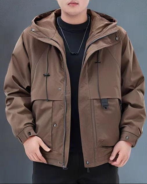 Men’s plus size utility jacket with hood for big and tall up to 408 lbs Windproof workwear-style outerwear jacket black khaki off-white Durable hooded utility jacket plus size breathable fabric